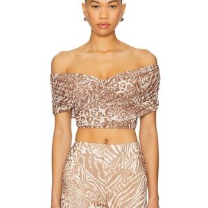 AFRM Fabiola Top in Taupe Brown Animal Print Off-Shoulder Crop Top Medium